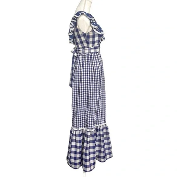 Vintage 70s Blue Gingham Maxi Dress White Checkered Prairie Dress Plaid Long - Picture 7 of 14